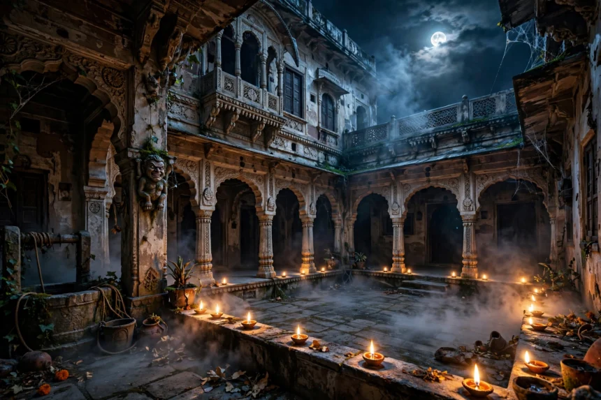 Spooky old Indian haveli at night, themed visual for Yami Gautam's horror-comedy Nayyi Naveli (AI-generated illustration)