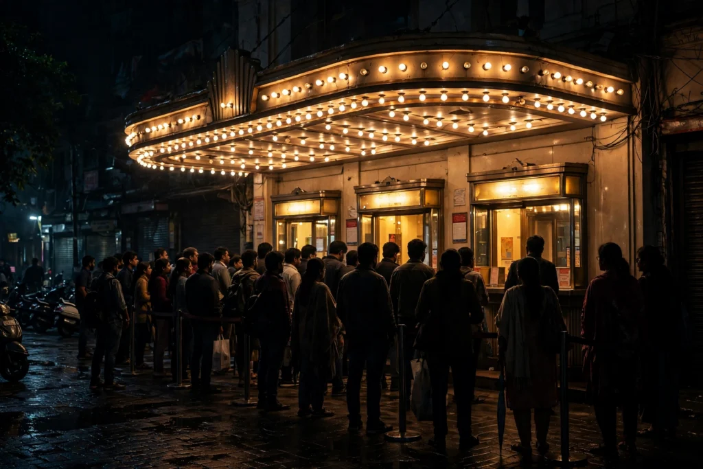 Moviegoers queue outside a cinema box office at night (AI-generated illustration)