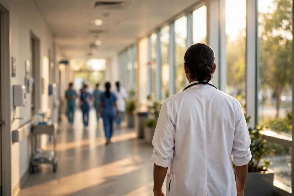 A doctor in a white coat walks down a hospital corridor (illustrative photo)