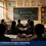 National Institute of Open Schooling logo on a classroom background. Logo: NIOS, public domain, via Wikimedia Commons; background composite.
