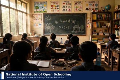 National Institute of Open Schooling logo on a classroom background. Logo: NIOS, public domain, via Wikimedia Commons; background composite.