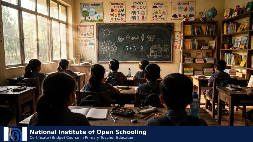National Institute of Open Schooling logo on a classroom background. Logo: NIOS, public domain, via Wikimedia Commons; background composite.