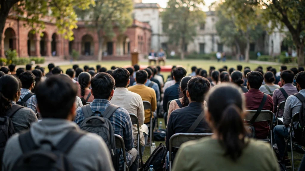 Students seated at an outdoor campus dialogue session