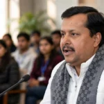 BJP president Nitin Nabin speaking at the BJYM National Executive meeting in New Delhi. Photo: President Secretariat / Wikimedia Commons (background composite)
