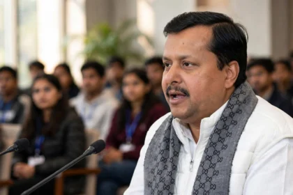 BJP president Nitin Nabin speaking at the BJYM National Executive meeting in New Delhi. Photo: President Secretariat / Wikimedia Commons (background composite)