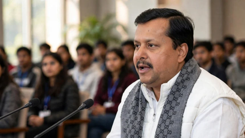 BJP president Nitin Nabin speaking at the BJYM National Executive meeting in New Delhi. Photo: President Secretariat / Wikimedia Commons (background composite)