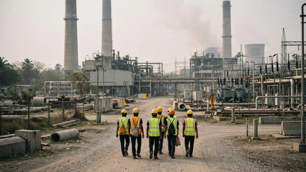 Illustrative image of trainees in safety gear at a thermal power plant site