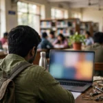 Student checking a course result on a laptop in a college library.