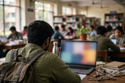 Student checking a course result on a laptop in a college library.