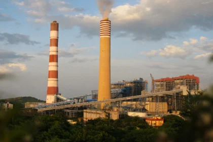 NTPC thermal power plant with twin chimneys.