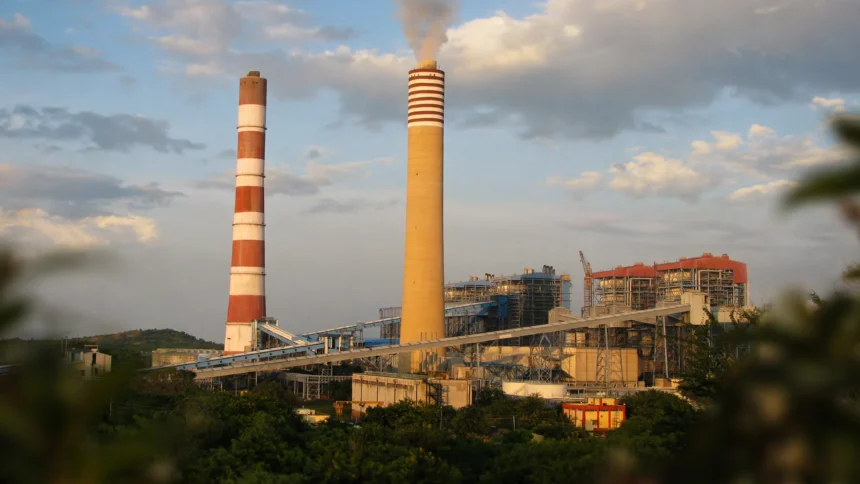 NTPC thermal power plant with twin chimneys.