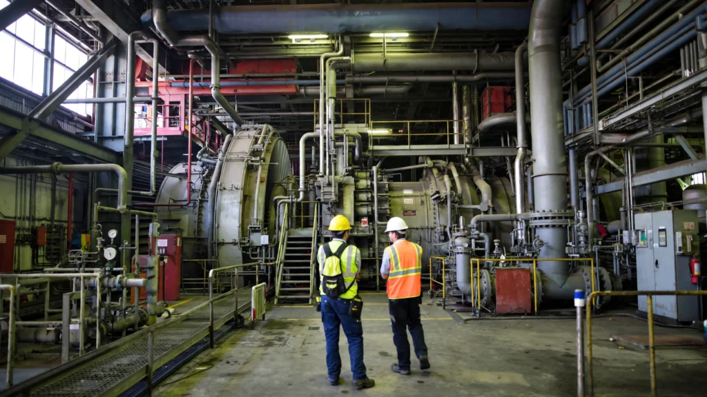 Engineers in hard hats and safety vests inspecting turbines inside a thermal power plant.