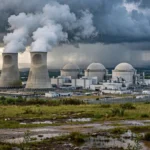 A nuclear power plant with cooling towers and reactor domes. Thematic image for NTPC 30 GW nuclear plan. Illustration: Informeia