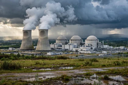A nuclear power plant with cooling towers and reactor domes. Thematic image for NTPC 30 GW nuclear plan. Illustration: Informeia