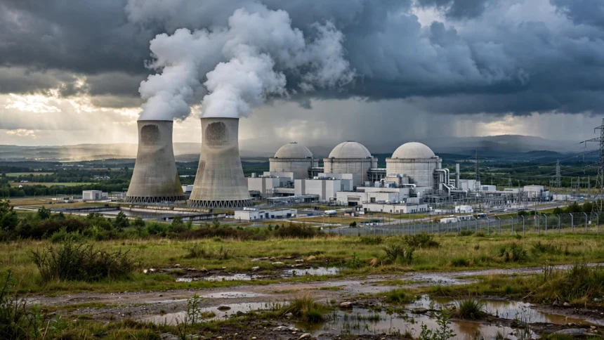A nuclear power plant with cooling towers and reactor domes. Thematic image for NTPC 30 GW nuclear plan. Illustration: Informeia