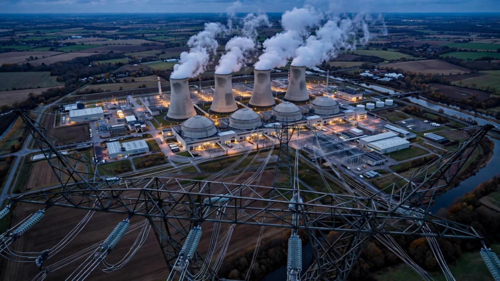 Aerial view of a nuclear power plant at dusk with transmission lines. Thematic image. Illustration: Informeia