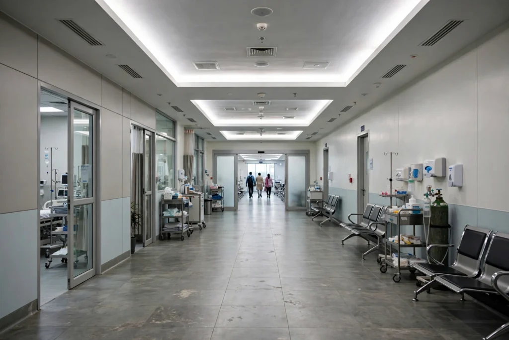 Hospital corridor leading to the diabetes and endocrinology department in India