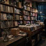 A dimly lit record store at night with a willow branch in a jar on the counter.