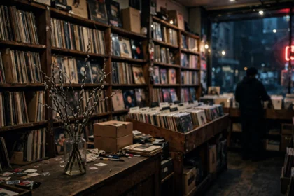 A dimly lit record store at night with a willow branch in a jar on the counter.