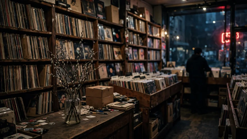 A dimly lit record store at night with a willow branch in a jar on the counter.