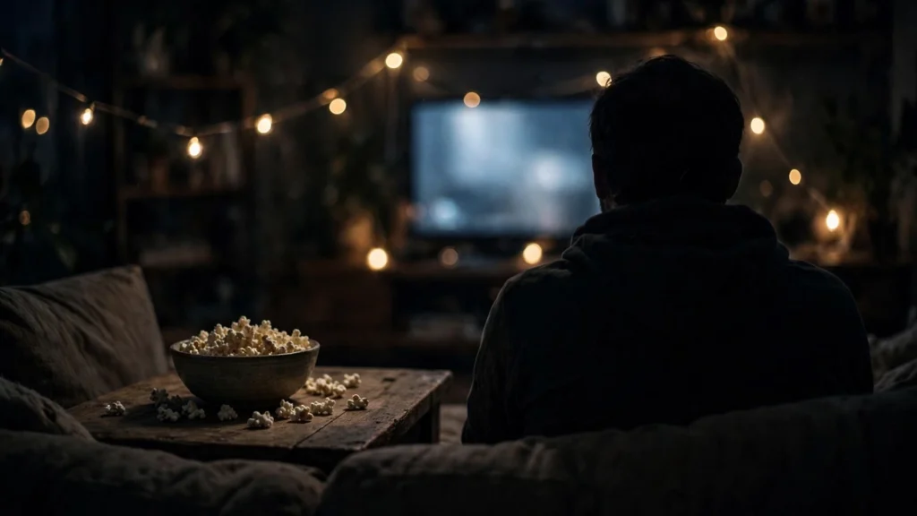 A viewer watching television from behind in a dark living room.