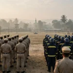 Odisha police constables and firefighters during a recruitment parade.