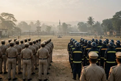 Odisha police constables and firefighters during a recruitment parade.