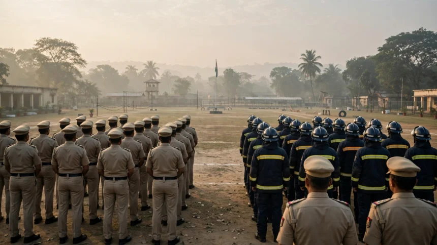 Odisha police constables and firefighters during a recruitment parade.