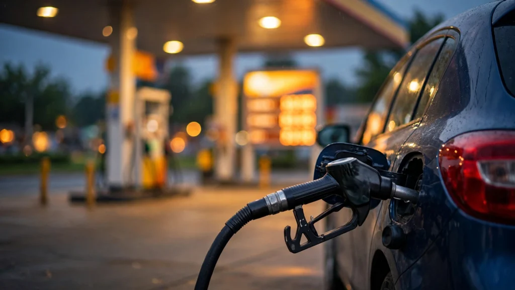 Car being refuelled at a petrol station, illustrative image