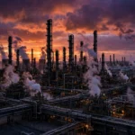 Oil refinery at dusk, illustrative image