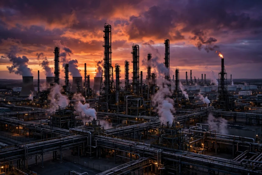 Oil refinery at dusk, illustrative image