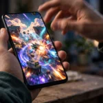 A person holding a smartphone while playing a mobile game.