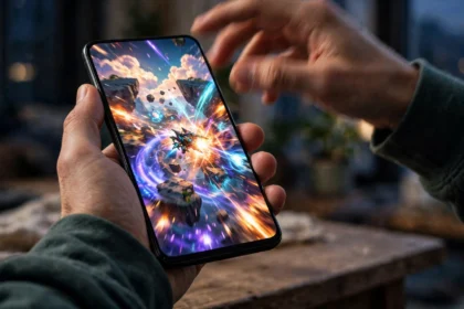 A person holding a smartphone while playing a mobile game.
