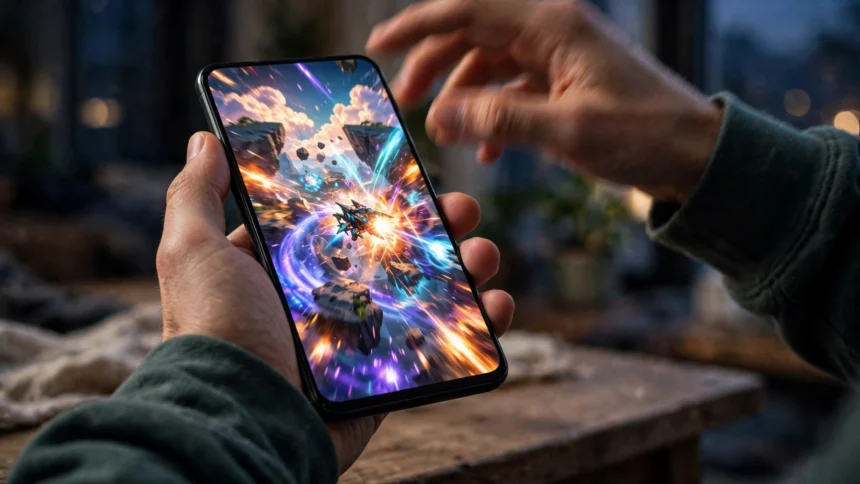 A person holding a smartphone while playing a mobile game.