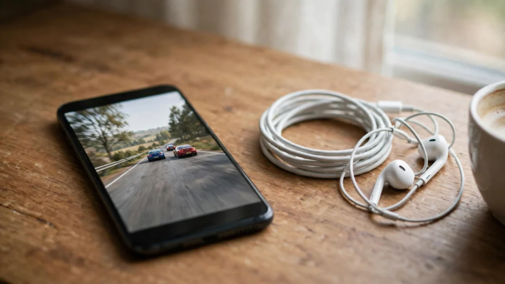 A smartphone on a desk with a charging cable and earphones.