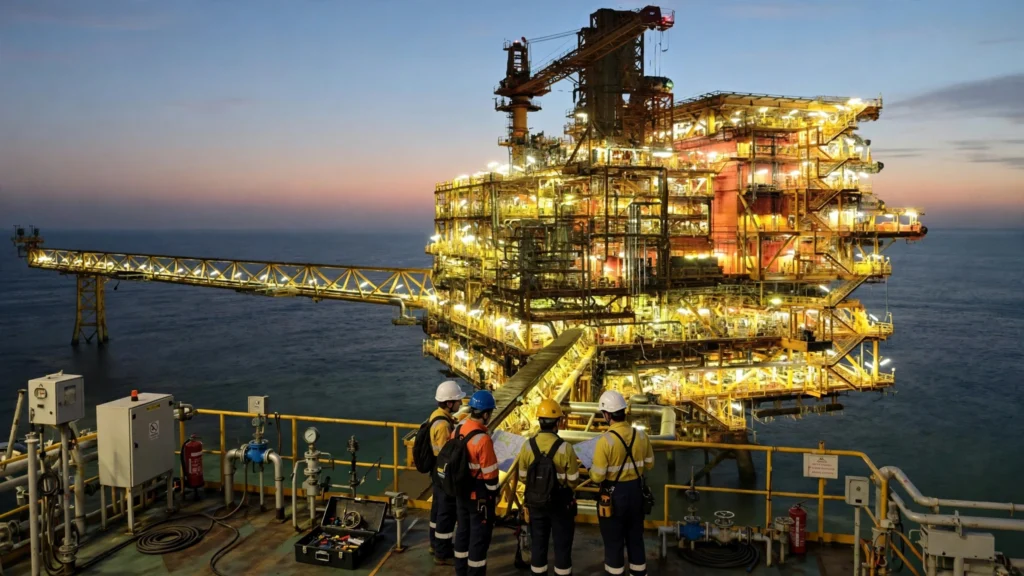 Trainee engineers on an offshore platform deck