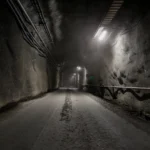 Onkalo deep geological repository tunnel, Finland. Reference photo: kallerna / Wikimedia Commons (CC BY-SA 4.0); editorial composite.