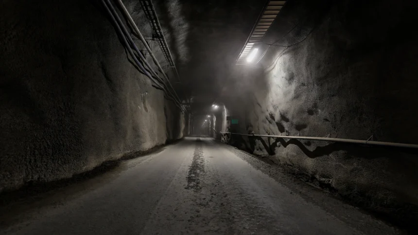 Onkalo deep geological repository tunnel, Finland. Reference photo: kallerna / Wikimedia Commons (CC BY-SA 4.0); editorial composite.
