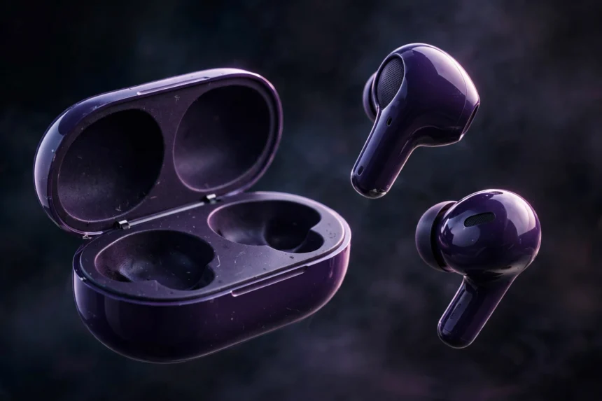 Oppo Enco X4 wireless earbuds and charging case in Aurora Violet (illustrative render)