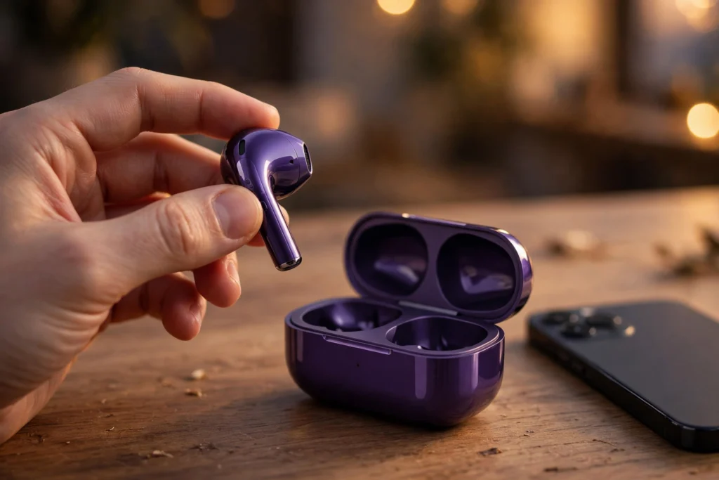 Hand holding an Oppo Enco X4 earbud with the charging case on a desk (illustrative render)