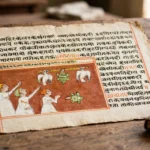 Panchatantra manuscript page on a school desk, grounded in an 18th-century Rajasthani Panchatantra manuscript, Philadelphia Museum of Art via Wikimedia Commons.