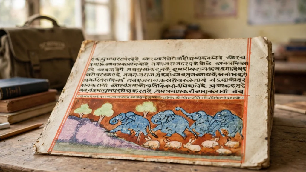 Panchatantra manuscript page showing elephants and hares on a classroom desk, grounded in an 18th-century manuscript via Wikimedia Commons.