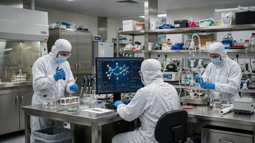 Pharma researchers working in a laboratory as hiring rises in India's pharmaceutical sector.