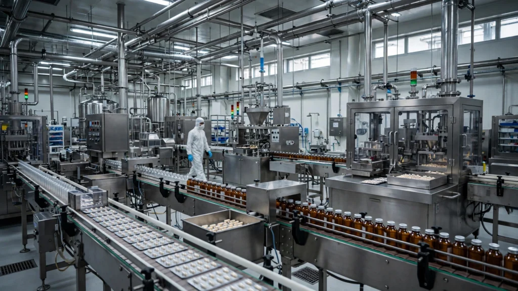 Interior of a pharmaceutical manufacturing facility in India.