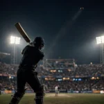 Batsman hitting a six under floodlights at a night T20 match.