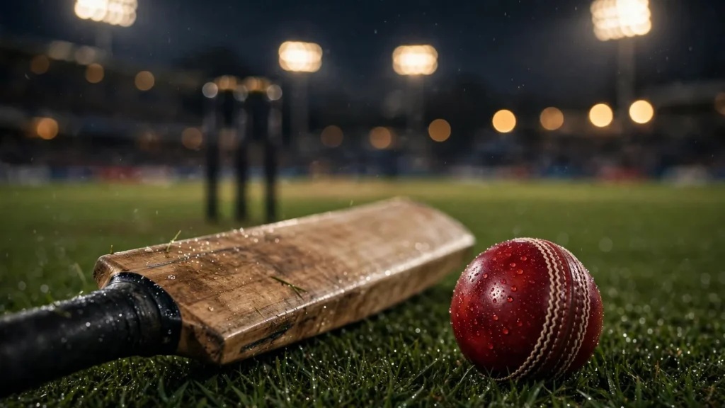 Cricket bat and ball on a floodlit pitch at night.