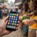 A hand holding a smartphone showing app icons in an Indian market.