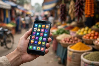 A hand holding a smartphone showing app icons in an Indian market.