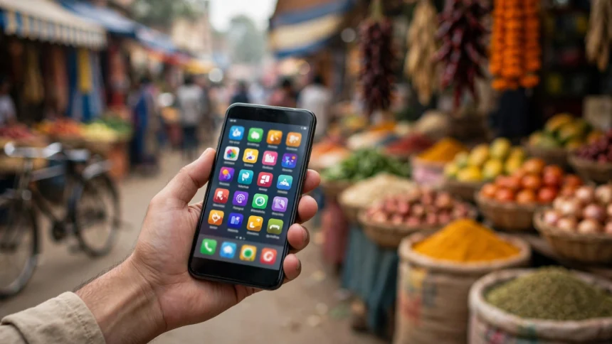 A hand holding a smartphone showing app icons in an Indian market.
