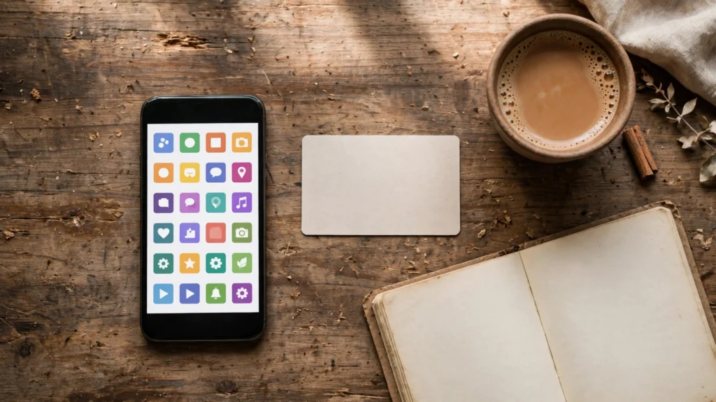 Smartphone with app icons beside a gift card and a cup of chai on a wooden desk.